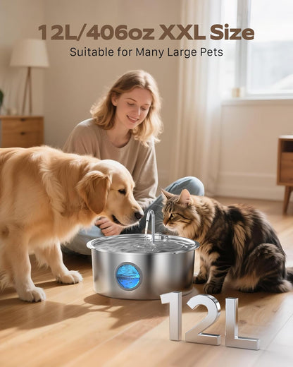 Pet Water Fountain for Large Dogs: Metal Dog Water Fountain - Silent Big Cat Fountains for Drinking - 3.2G/406Oz/12L Water Fountain Dog Bowl inside - GROOKPET Fountains with 6 Filters + 3 Sponges3