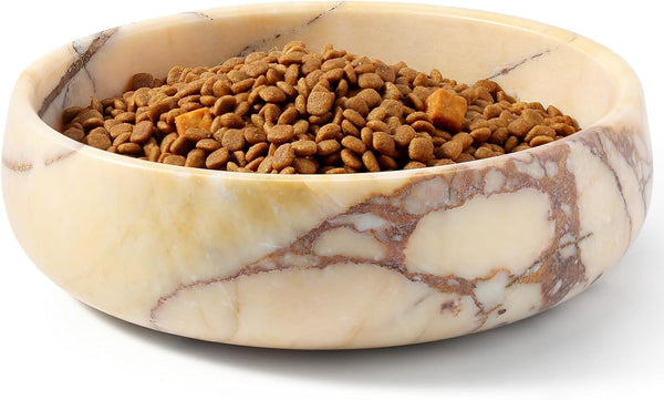 White Marble Dog Bowls, Non-Slip Dog Food Water Bowl Small, Heavy Duty Pet Bowl for Cats and Medium Dogs, Weighted African Natural Marble, Holds 4 Cups(5Lbs)19