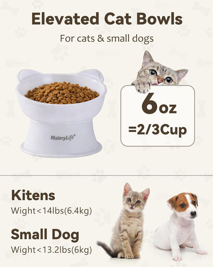 Mateeylife 2 Pack Elevated Cat Food Bowls for Indoor Cats & Kittens | Raised Food and Water Bowl Set, Whisker Friendly & anti Vomit Feeding Pet Bowls, 6 Oz Each, Dishwasher Safe - White & Grey6