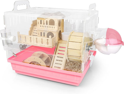 Cycodo 8 in 1 Acrylic Hamster Cage,2-Tier Dwarf Hamster Cage with Wooden Wheel & Hideout,Small Hamster Habitat with Accessories,Clear Pet Mice House(Green,14" L*10" W*11" H)9