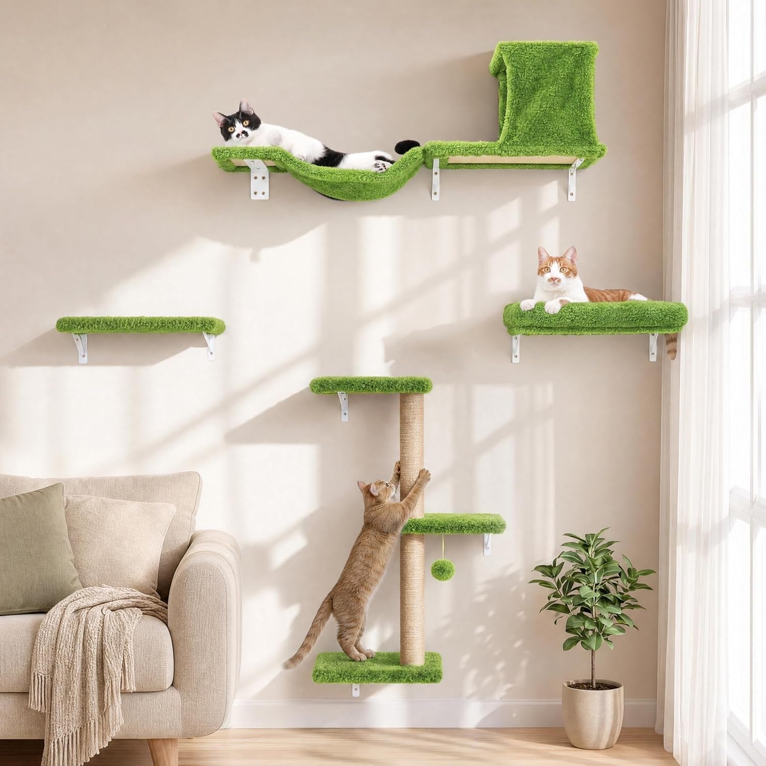 fukumaru-cat-wall-shelves-4-in-1-set-beige-stable-safe-cat-walls-furniture-wooden-kitten-climbing-wall-with-scratching-post-for-16-inch-drywall
