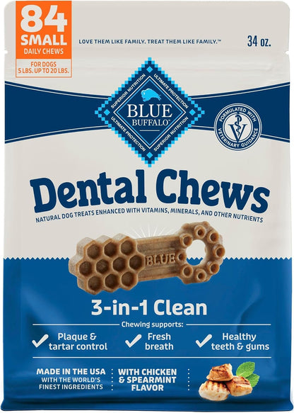 Blue Buffalo Natural Dental Chews for Small Dogs 5-20 Lbs., Chicken & Spearmint, Daily Teeth Cleaning Dog Treats, Enhanced with Vitamins & Minerals, 11.3-Oz. Bag (28 Treat Count)12