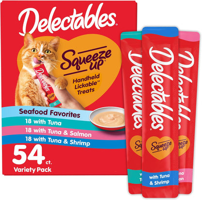 Delectables Squeeze up Seafood Variety Pack, Creamy Squeezable Puree, Lickable Wet Cat Treats, Grain Free, No Added Fillers, No By-Products, No Added Preservatives, 0.5 Ounces Tube, 54 Tubes Total1