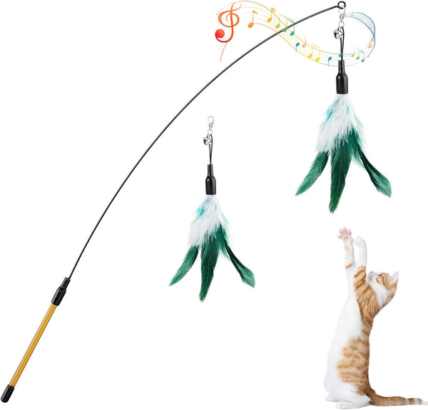 Pawaboo Feather Teaser Cat Toy - Interactive Wand with Extra Long 34.5" Wand and Small Bell, Fun Exerciser Playing Toy for Kittens or Cats, Brown Feather12