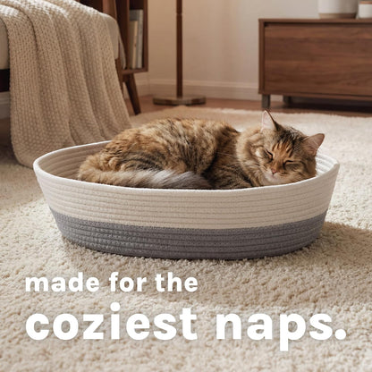 Kitty City Woven Cat Bed with Removable Washable Cushion, Cozy Braided Rope Indoor Cat Bed with Natural Catnip, Warm round Cat Bed for Small to Medium Cats, 14” X 19" - White/Grey4