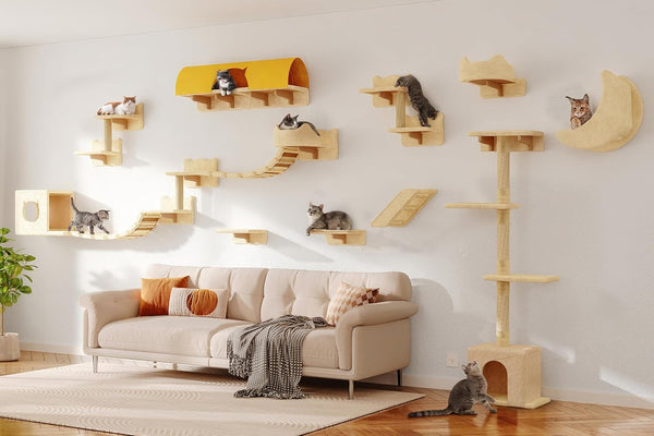 9-In-1 Cat Wall Shelves, Cat Wall Furniture Set with Bridge, Beige | Wall Mounted Cats Shelf for Space-Saving, Multi-Level Cat Climbing Systems for 16 Inch Drywall, with Scratching Posts, Condos11
