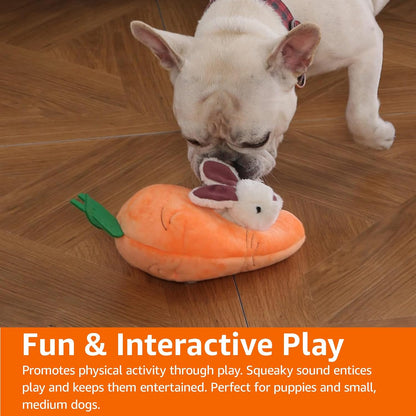 Amazon Basics Interactive Hide and Seek Squeaky Dog Plush Toy with Squeaker for Small Dogs, Rabbit and Carrot, Orange and White, 5-Pack3