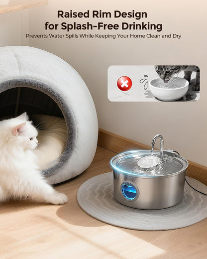 Invengo Cat Water Fountain Stainless Steel, 108Oz/3.2L Pet Fountain with Large Water Level Window, Ultra Quiet Automatic Cat Water Dispenser for Cats and Dogs, 2 Flow Modes, Splash-Proof Design7