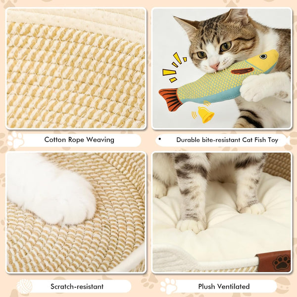 XPIY Stimulicat Handwoven Cat Basket with Fish Toy, Instinct Kitten Bed | Made of Natural Cotton Rope with a Washable Cushion. Breathable, Scratch-Resistant Pet Nest for Year-Round Comfort4