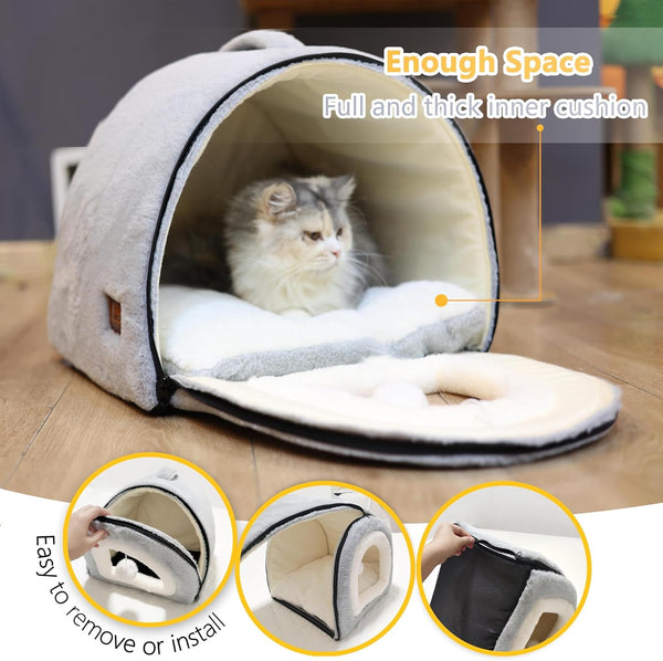 Cat Bed for Indoor Cats，Foldable Cat Cave，Anti-Slip & Water-Resistant Bottom，Cat Houses for Indoor Cats or Small Dogs, Kitten Tent, Rabbit Bed，2 in 1 Pet Bed (Grey)5