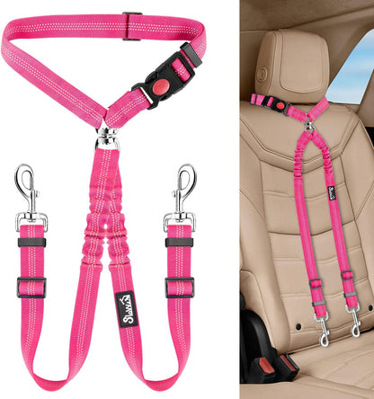 Lukovee Double Dog Seat Belt, Dual Pet Car Headrest Restraint Safety Seatbelt No Tangle Dog Leash Duty Adjust Elastic Bungee Puppy Lead Splitter Connect Harness in Vehicle Travel for 2 Dogs,Black13