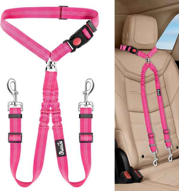 Lukovee Double Dog Seat Belt, Dual Pet Car Headrest Restraint Safety Seatbelt No Tangle Dog Leash Duty Adjust Elastic Bungee Puppy Lead Splitter Connect Harness in Vehicle Travel for 2 Dogs,Black13