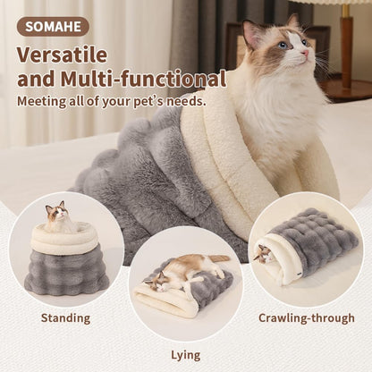 SOMAHE Cat Sleeping Bag for Indoor Cats, Faux Fur Pet Cave Bed & Burrow Nest, Reversible Plush Snuggle Sack, Portable Foldable Mat, Machine Washable, Anti-Static, 21.7"X17.7"Grey4