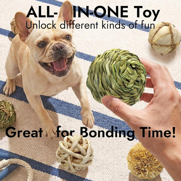 Dog Chew Toys, 3Pcs Woven Grass Chew Ball for Dogs, Dental Teething & Interactive Fetch Toys, Outdoor Digestible Chew Ball for Boredom Relief - Seaweed & Timothy Hay, Cornsilk, Cornleaf5
