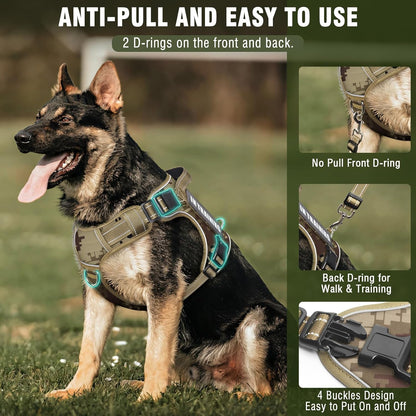 Tactical Dog Harness and Leash Set with 10 Patches for Large Dogs | Heavy Duty No Pull Service Animal Dog Vest with Dog Seat Belt ,Adjustable Reflective Easy Walk for Training Hiking Camo L4