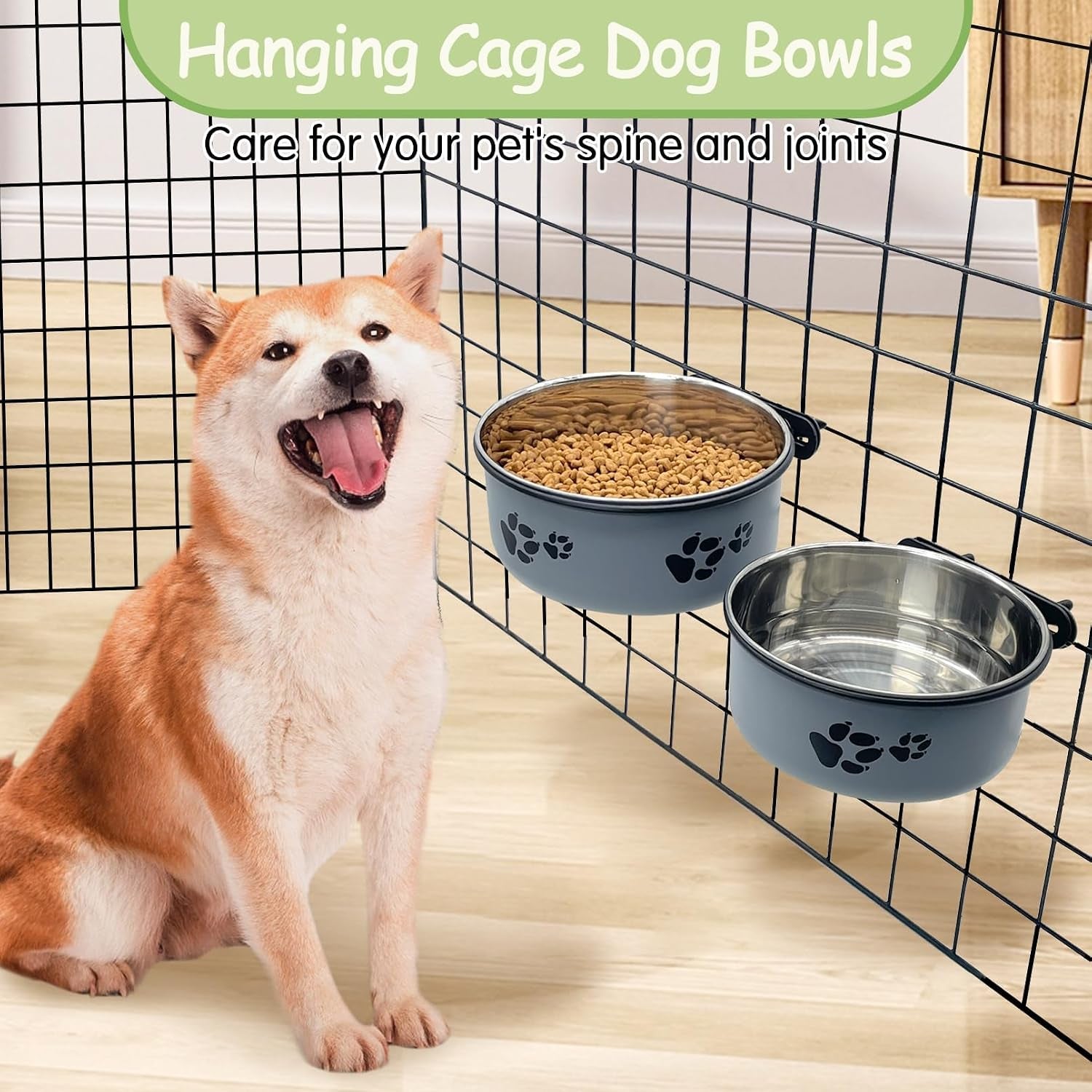 kathson-2-pcs-dog-kennel-crate-feeder-stainless-steel-no-spill-hanging-metal-pet-food-bowl-for-cats-small-medium-dogs-gray