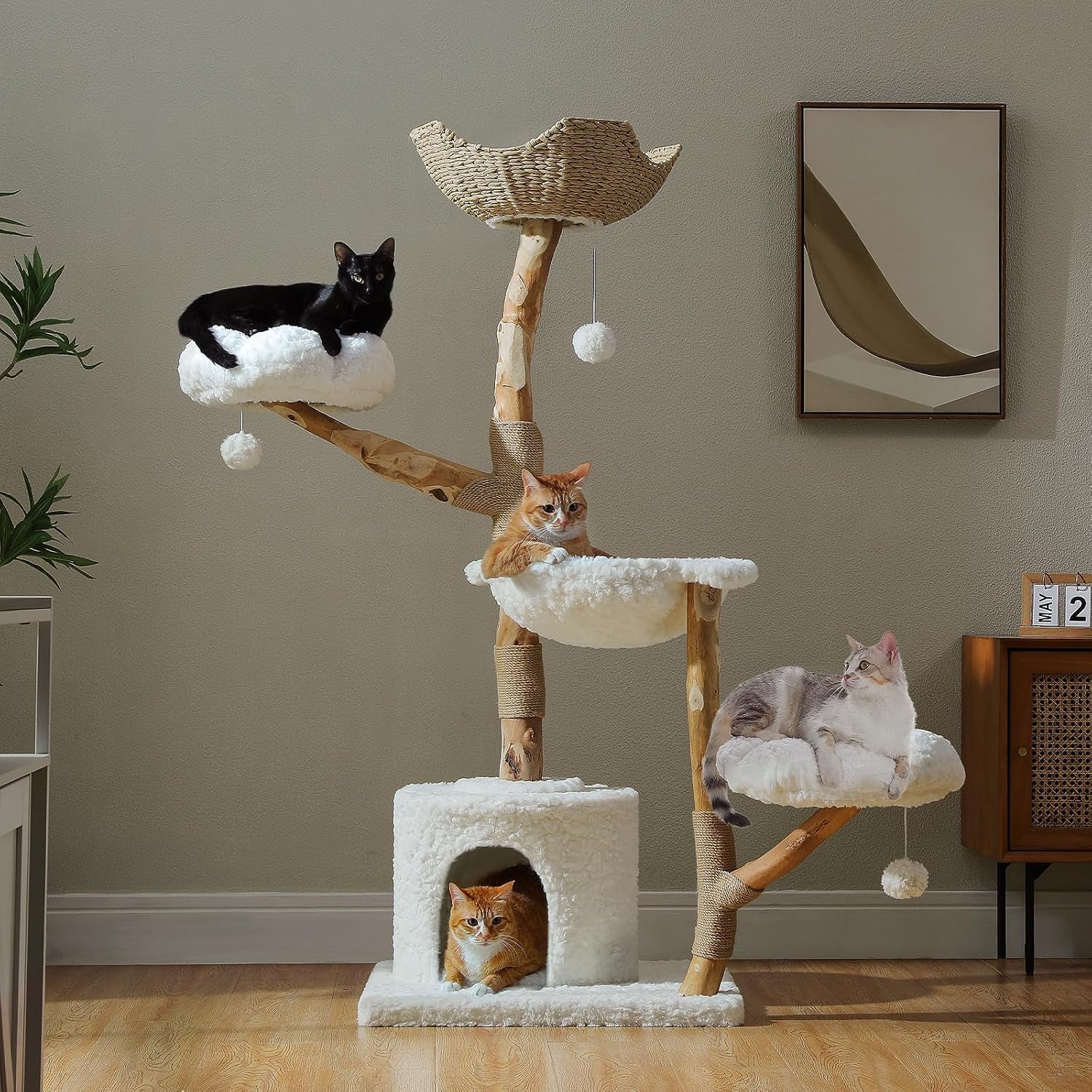 pawz-road-59-modern-cat-tree-natural-wood-cat-tower-for-large-cats-white-wicker-basket-bed-2-flower-perches-for-multi-cat-cat-tree-tower-with-large-condo-hammock-solid-wood-cat-tree-house