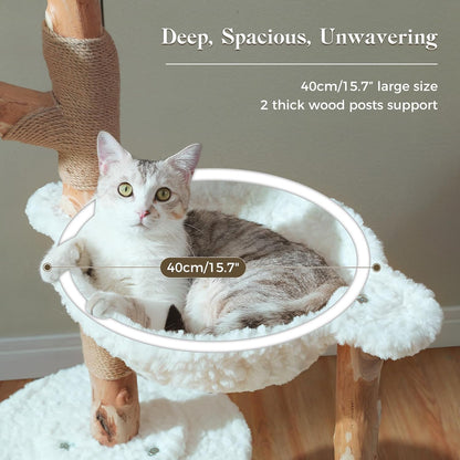 PAWZ Road 59" Modern Cat Tree, Natural Wood Cat Tower for Large Cats White | Wicker Basket Bed&2 Flower Perches for Multi-Cat, Cat Tree Tower with Large Condo&Hammock, Solid Wood Cat Tree House4