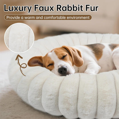 Donut Dog and Cat Bed, Luxurious Comfortable Faux Rabbit Fur Pet Beds, round Anti-Anxiety Calming Puppy Kitten Bed with Anti-Slip Bottom for Small Medium Dogs & Cats(20", White)2