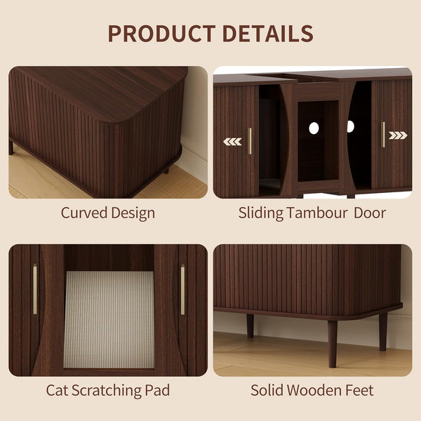 71" Double Cat Litter Box Enclosure Furniture for 2 Cats,Fluted Large Litter Box Hidden Furniture with Sliding Door and Scratching Pad,Indoor Pet House Modern Cabinet TV Stand for Living Room5