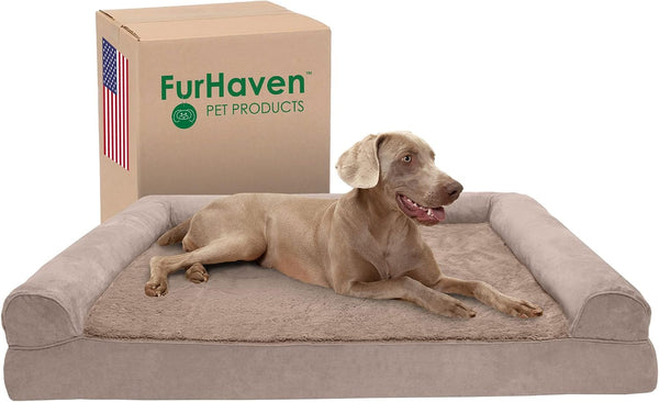 Furhaven Orthopedic Dog Bed for Large Dogs, Sofa-Style with Cool Gel-Top Foam with a Solid Orthopedic Foam Base for Joint Support, Removable Washable Cover, Jumbo XL, Plush & Suede, Gray23