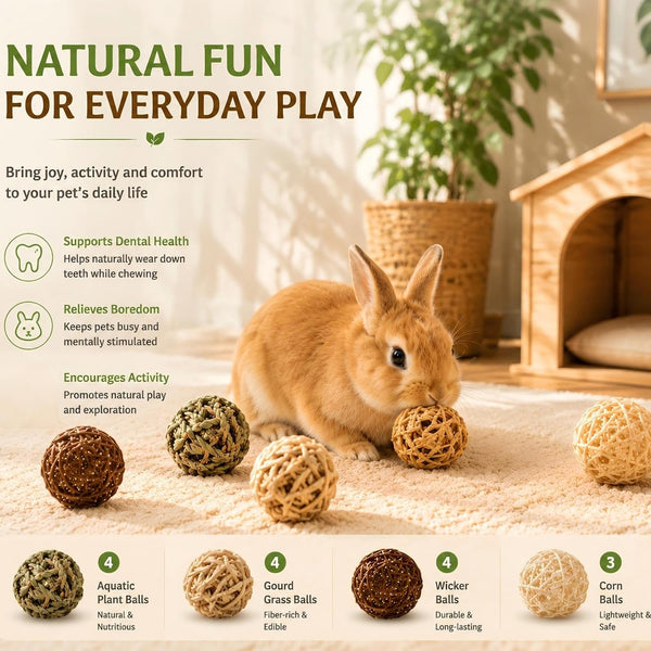 Skylety 15 Pieces Bunny Chew Balls for Rabbits, Small Animal Rolling Grass Toys and Treats for Guinea Pigs, Chinchillas, Hamsters, Mice, Teeth Grinding, Gnawing and Play(Classic Style,1.97")3