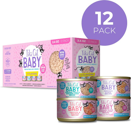 Tiki Cat Baby Wet Cat Food for Kittens, Shreds Variety Pack 2.4 Oz. Cans (12 Count)2