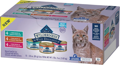 Blue Buffalo Wilderness Wild Delights High Protein Grain Free, Natural Adult Meaty Morsels Wet Cat Food, Chicken & Turkey, Chicken & Trout, Chicken & Salmon 3-Oz Cans (12 Count - 4 of Each Flavor)3