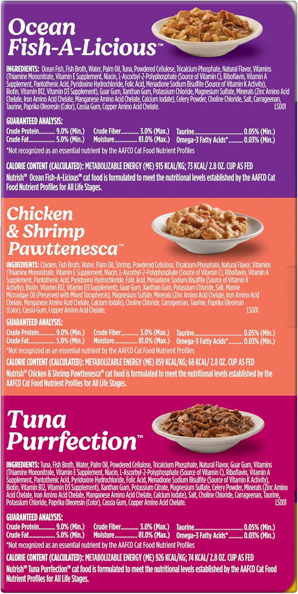 Nutrish Ocean Lover'S Wet Cat Food Variety Pack, 2.8 Oz. Cup (Rachael Ray) | Includes 12 Cups of Three Grain Free Recipes: Fisha-A-Licious, Chicken & Shrimp Pawttenesa and Tuna Purrfection3