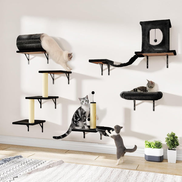 12-In-1 Cat Wall Shelves, Wall Mounted Cat Climber | with Condo House, Scratching Post, Bridge Ladder, Space-Saving Indoor Play Furniture for Kittens, Black16