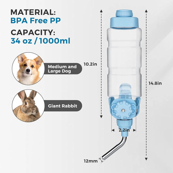 Vannon Dog Crate Water Bottle, 34Oz Top-Fill Pet Water Dispenser, Blue | Kennel Water Bottle Helps Keep Pets Hydrated Longer with Fewer Refills and Easy Daily Care.6