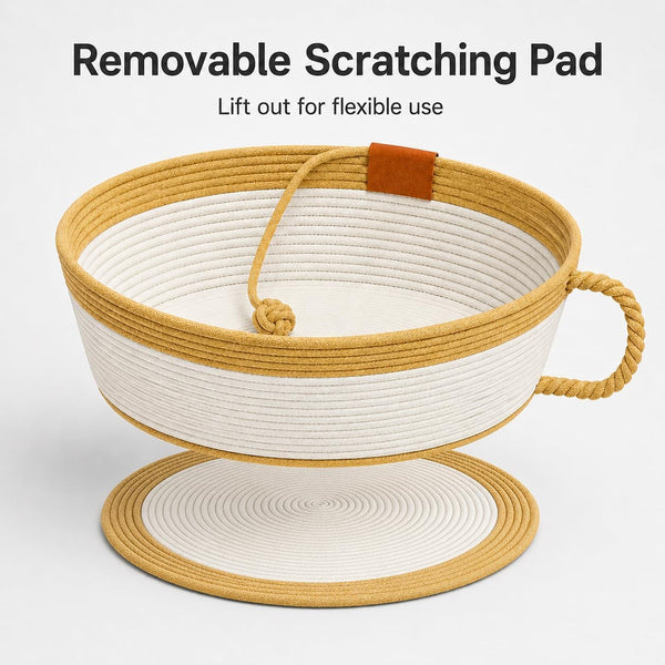 Trynellis Handwoven Cotton Rope Cat Basket Bed with Removable Scratching Pad, 2-In-1 Cat Scratcher Lounge (Large,Woven Rattan Cat Bed + Cushion)3