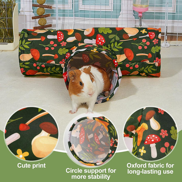 Bienbee Guinea Pig Tunnel, 3 Way Washable Guinea Pig Hideout,Foldable Rabbit Tunnel Guinea Pigs Toys for Bunny Hamster Chinchilla Ferret Rabbit Guinea Pigs Accessories Mushroom | Guinea Pig Hideout, Portable Tubes with Cute Print,High Dense Fabric for Small Pet'S Hiding Resting Playing and Exploring3