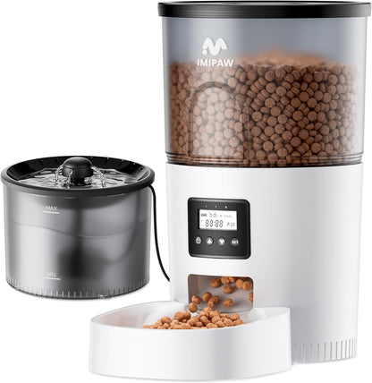 IMIPAW Automatic Cat Feeder and Water Fountain, Timed Dry Food Dispenser, Programmable Portion Control, 1-6 Meals per Day, Desiccant Bag, Cat Fountains for Drinking with Filter, Small Pets (3L Combo)1