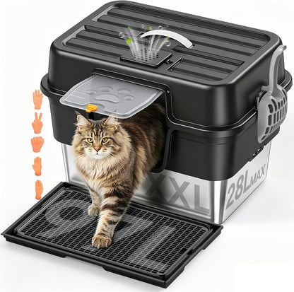 Stainless Steel Enclosed Litter Box for Large Cats, XXL Covered Cat Litter Box with Lid, Leakproof High Sided Metal Cat Litter Box, Easy to Clean, Odor Resistant, Multi-Cat Home(Black)1
