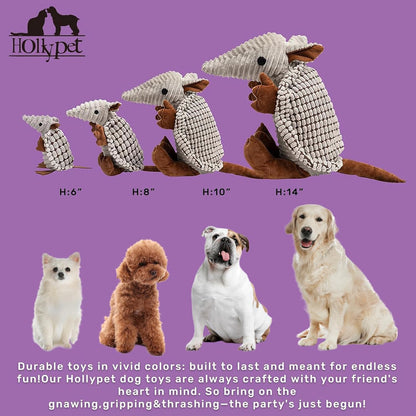 Hollypet Plush Dog Squeaky Toy Stuffed Armadillo Animal Pet Puppy Chew Toys with Clean Teeth for Small Medium Large All Breed Sizes Dogs, Gray, 8 In2