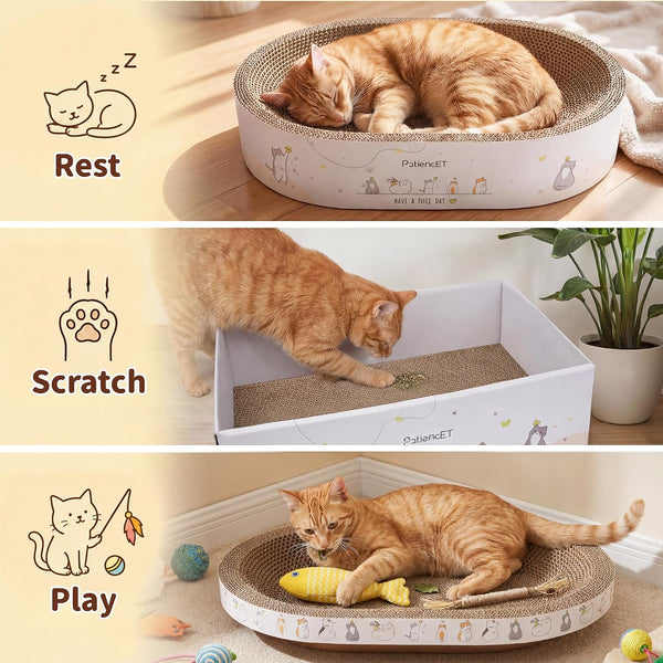 Patiencet 3-In-1 Cat Scratcher Cardboard Set for Indoor Cats, Cat Lounge Box with Wide & Slim Oval Cat Beds, Corrugated Cat Scratching Board for Furniture Protection, Rest & Play2