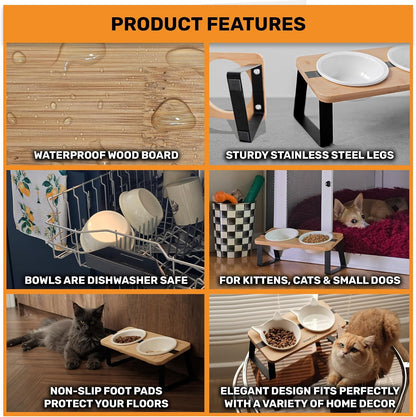Elevated Cat Bowl Stand for Food and Water – Anti-Vomit Raised Feeding Station with Tilted Stand – Removable round Ceramic Bowls, anti Slip Bamboo Base, Dishes for Cats, Kitten, Small Dogs & Puppies3