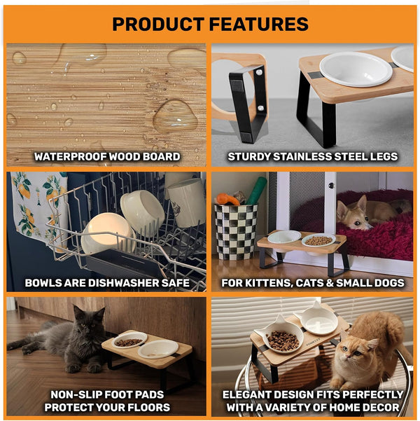 Elevated Cat Bowl Stand for Food and Water – Anti-Vomit Raised Feeding Station with Tilted Stand – Removable round Ceramic Bowls, anti Slip Bamboo Base, Dishes for Cats, Kitten, Small Dogs & Puppies3