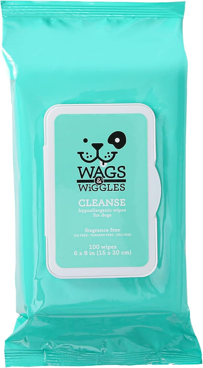 Wags & Wiggles Hypoallergenic Dog Wipes for Sensitive Skin, Fragrance-Free Waterless Cleansing Cloths for Paws, Face, and Dog Body, No SLS, Parabens, or DEA, 100 Count | Waterless Cleansing Cloths for Paws, Face, and Body; No SLS, Parabens, or DEA for Sensitive Skin1