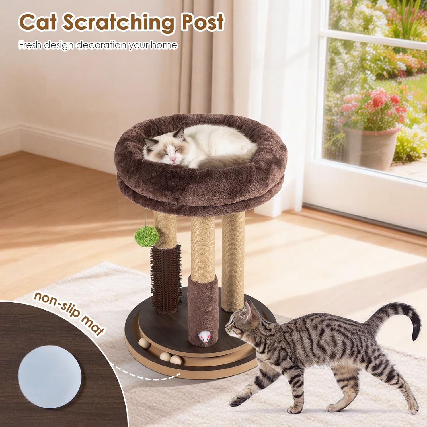 22-inch-heavy-duty-cat-scratching-post-with-cozy-plush-bed-3-sisal-scratching-posts-interactive-cat-scratcher-with-grooming-brush-hanging-pom-pom-track-balls-mouse-toy-for-indoor-cats