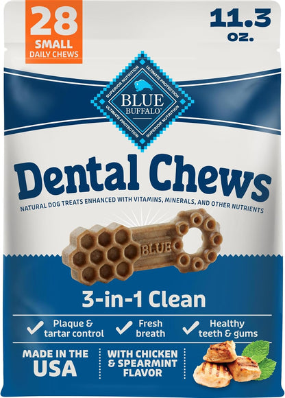 Blue Buffalo Natural Dental Chews for Small Dogs 5-20 Lbs., Chicken & Spearmint, Daily Teeth Cleaning Dog Treats, Enhanced with Vitamins & Minerals, 11.3-Oz. Bag (28 Treat Count)1