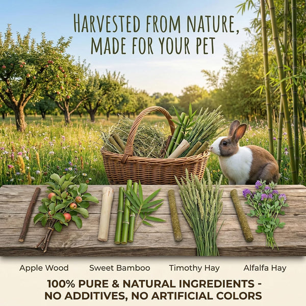 4 in 1 Natural Bunny Chew Toys Sticks Rabbit Treat Apple Hay Bamboo | Organic 4-Blend: Apple Branch + Sweet Bamboo + Timothy Hay + Alfalfa — Naturally Cleans Teeth, 140G Resealable Pack2
