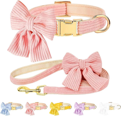 Dog Collar and Leash Set with Bowtie, Soft & Cute Puppy Collar, Cotton Puppy Collar with Adjustable Metal Buckle for Small, Medium Dog (Pink, Size S: Neck 10"-16")1