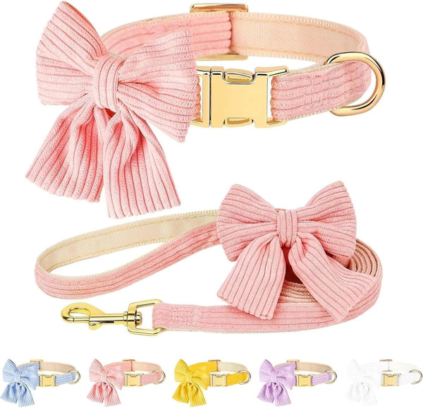 Dog Collar and Leash Set with Bowtie, Soft & Cute Puppy Collar, Cotton Puppy Collar with Adjustable Metal Buckle for Small, Medium Dog (Pink, Size S: Neck 10"-16")1