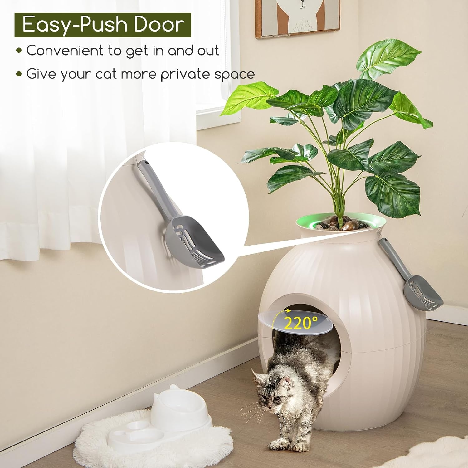 tangkula-hidden-litter-box-plant-cat-litter-box-enclosure-furniture-with-odor-removal-system-4-modes-lights-artificial-plant-pebbles-door-scoop-planter-litter-box-for-large-cats-easy-to-clean