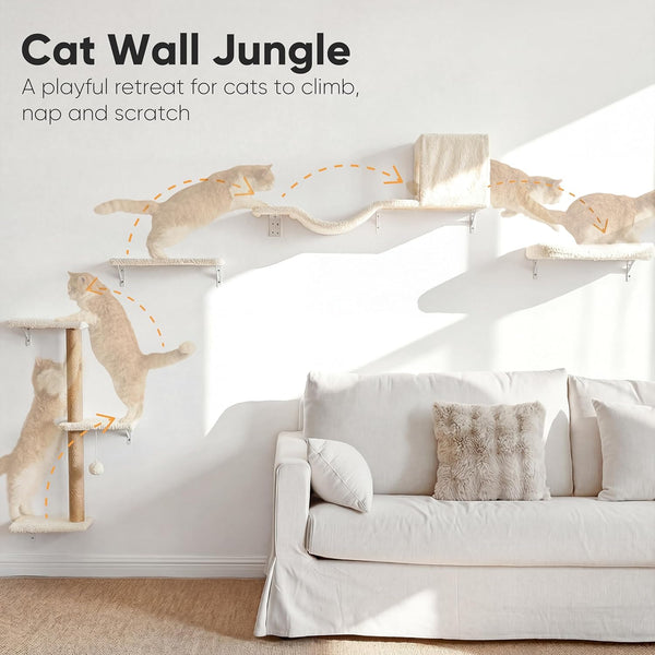 FUKUMARU Cat Wall Shelves, 4 in 1 Set, Beige | Stable & Safe Cat Walls Furniture, Wooden Kitten Climbing Wall with Scratching Post for 16 Inch Drywall2