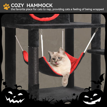 YITAHOME Gothic Cat Tree with Coffin Bed, 63" Tall Cat Tower for Indoor Cats with Top Perch, Spacious Cat Condos, Spider Hanging Balls,Comfy Hammock, Scratching Post and Ladder, Black Halloween | Cat Tower with Top Perch, Spacious Cat Condos, Spider Hanging Balls, Comfy Hammock, Scratching Post and Ladder2