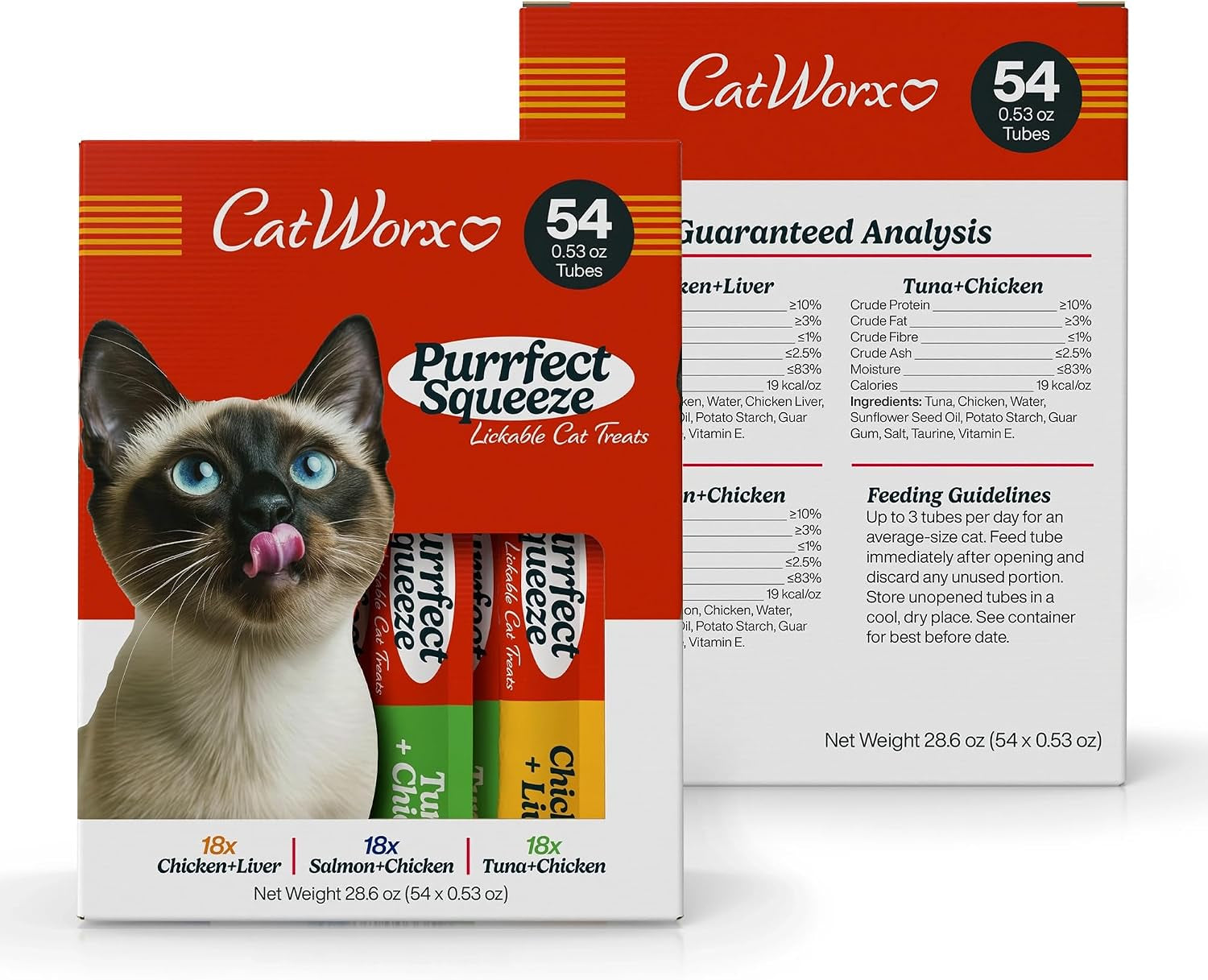 catworx-by-chewmasters-purrfect-squeeze-lickable-soft-cat-treats-54-pack-creamy-puree-squeeze-tubes-for-kittens-and-adult-cats-hand-feeding-snack-or-food-topper-training-reward-0-53-ounce
