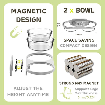 Magnetic Reptile Feeding Ledge with 2 Pack Plastic Bowls Food Feeder Water Dish for Crested Gecko Dwarf Hamster(Gray, Magnetic-Mounted)2